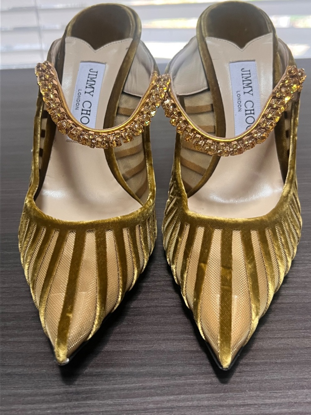 Jimmy Choo Bing 100 Mule Crystal Green Velvet and Mesh Heels, Women's Size 39.5 - Picture 10 of 13